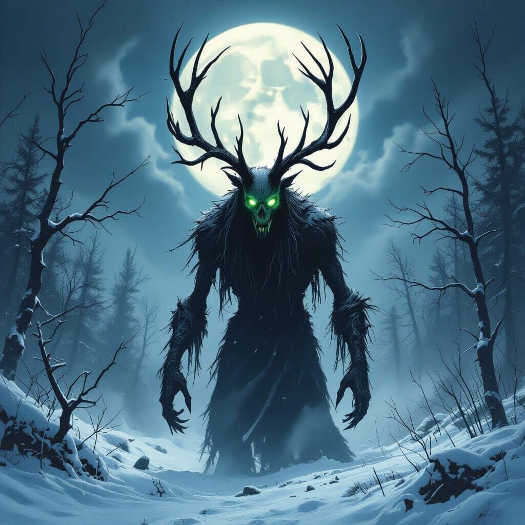 Terrifying Wendigo in Moonlit Forest