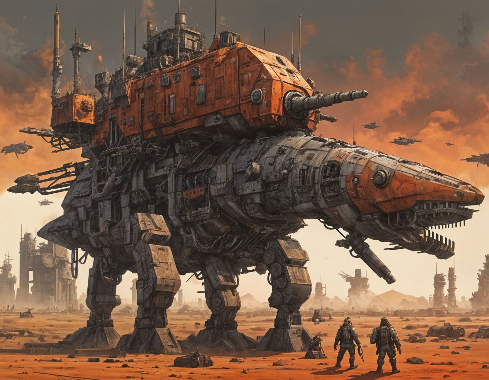 Mechanical Whale-Fortress Patrols Post-Apocalyptic Horizon