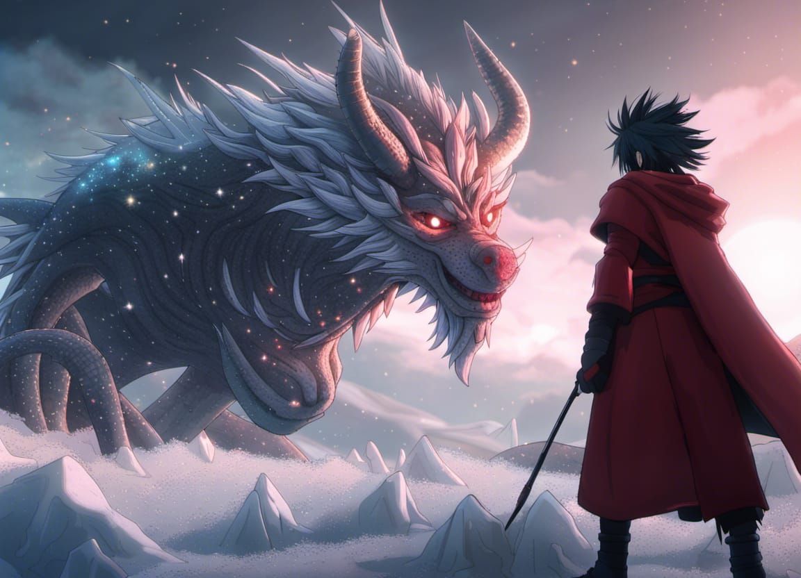 Madara standing against a frost dragon