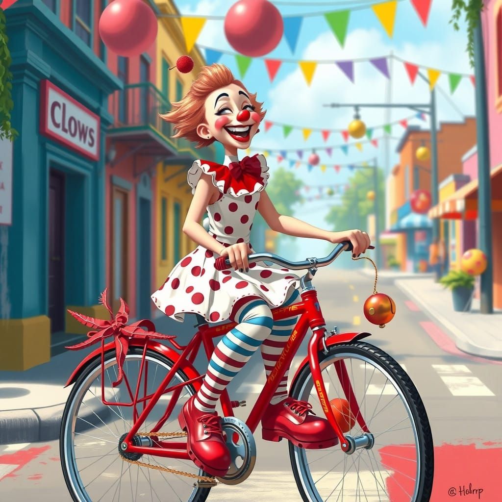 Joyful Young Clown Rides Colorful Circus Bicycle