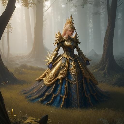 Woman in Victorian Armor in Mystical Forest
