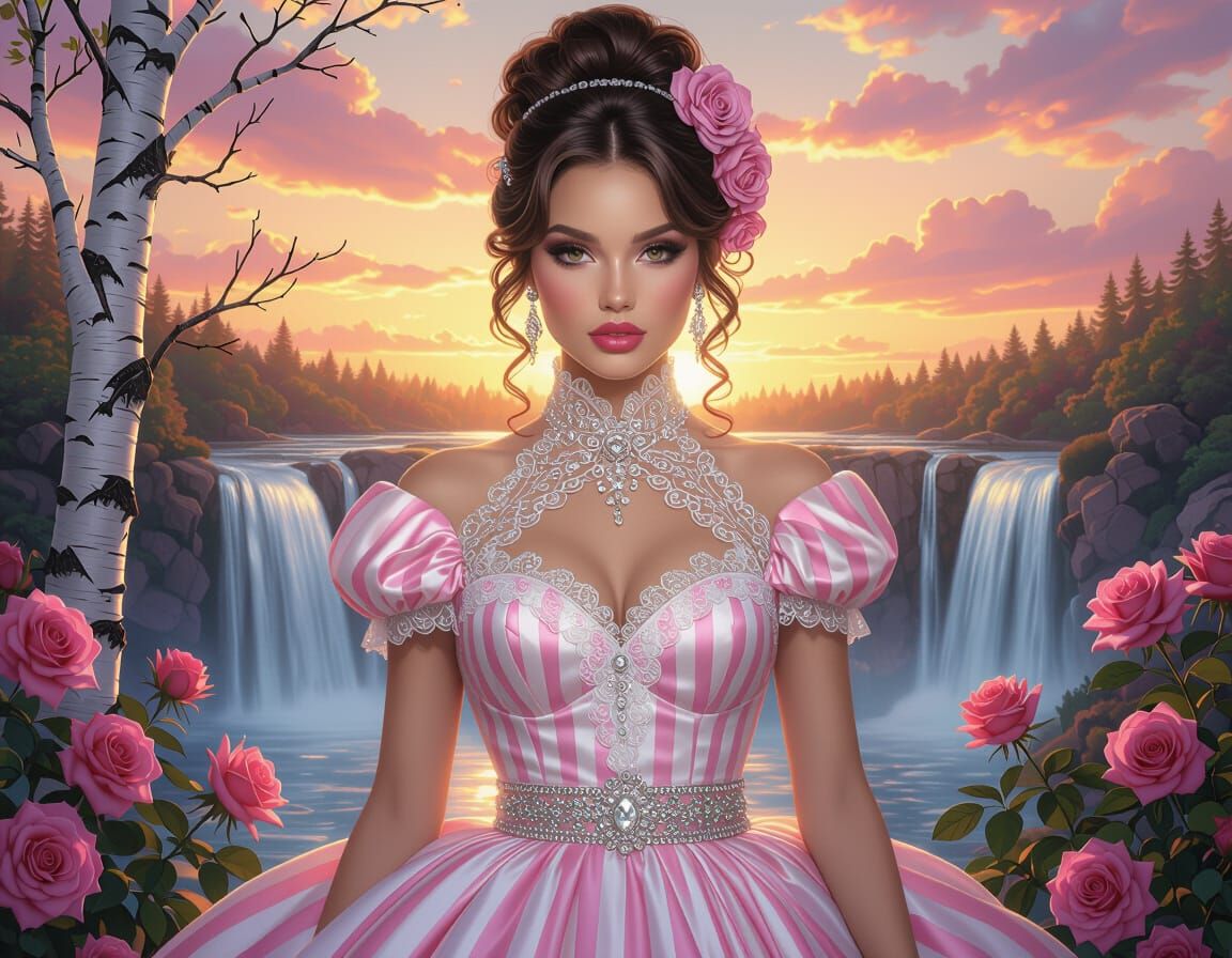 Woman with Pink Curls in Satin Gown by Waterfall