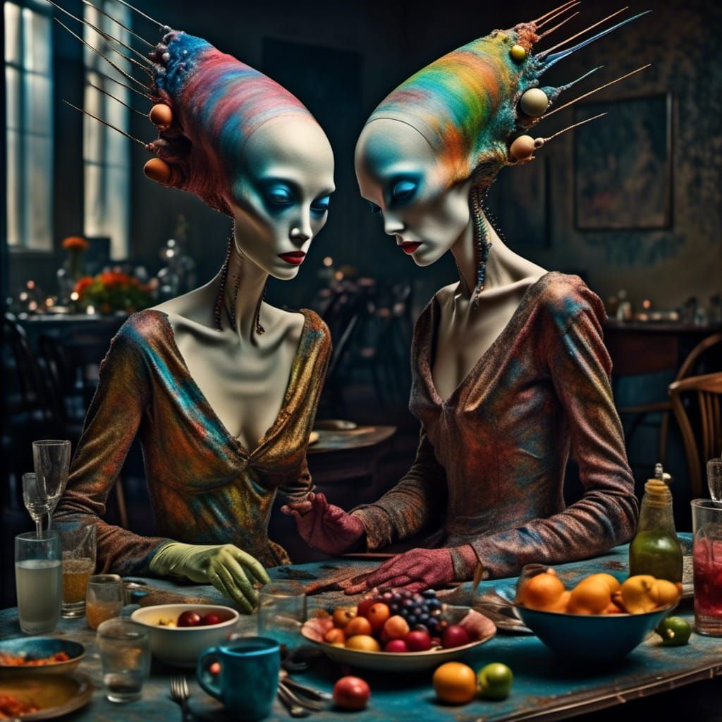 Polychromatic Aliens at Table: Hyperrealistic Matte Painting