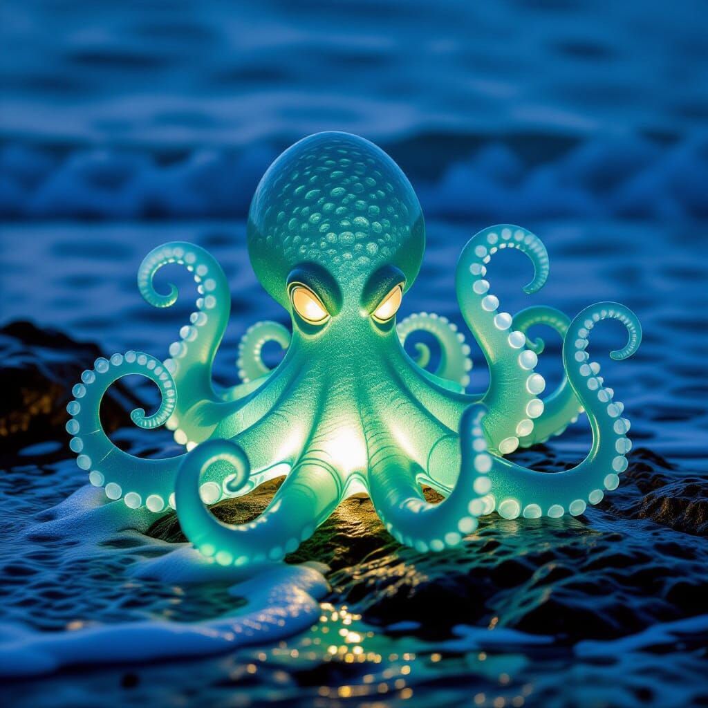 Kraken Sculpture Made of Frosted Sea Glass