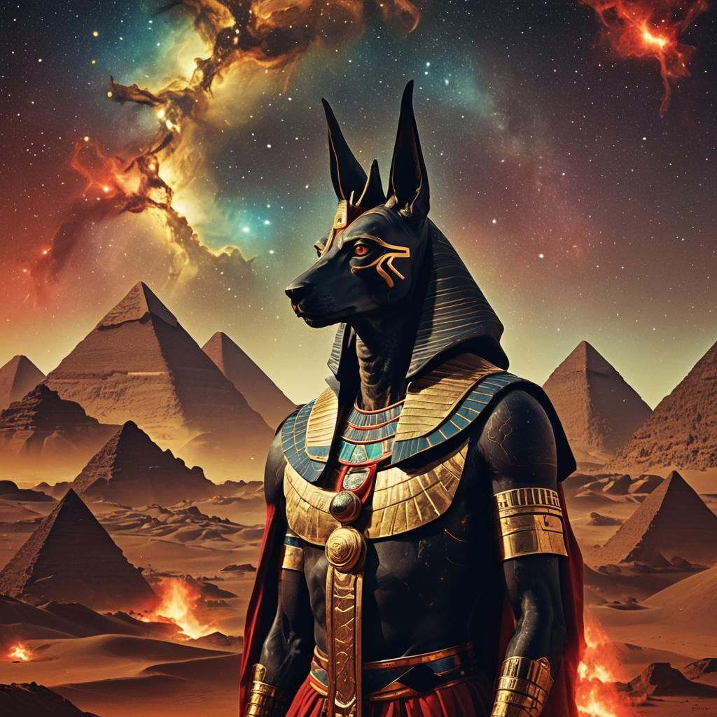 Anubis in Egyptian Landscape Under Nebula Sky