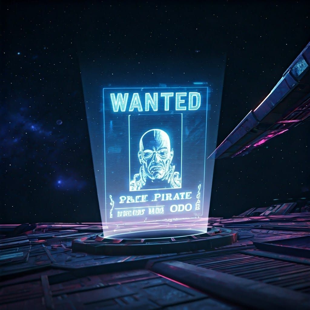 Hologram: a futuristic wanted poster being projected off a s...