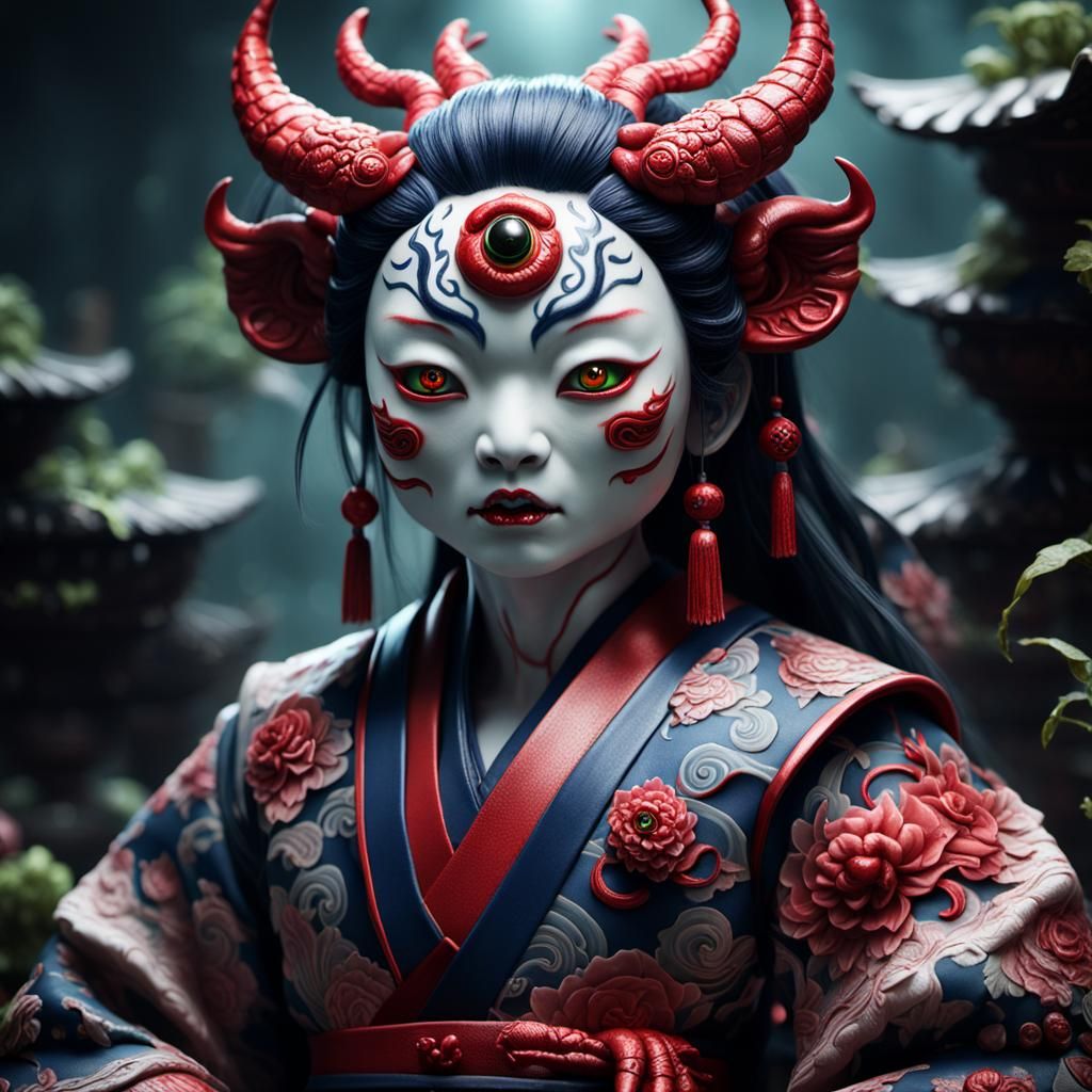 Demonic Porcelain Kappa Yokai Doll: Detailed Matte Painting