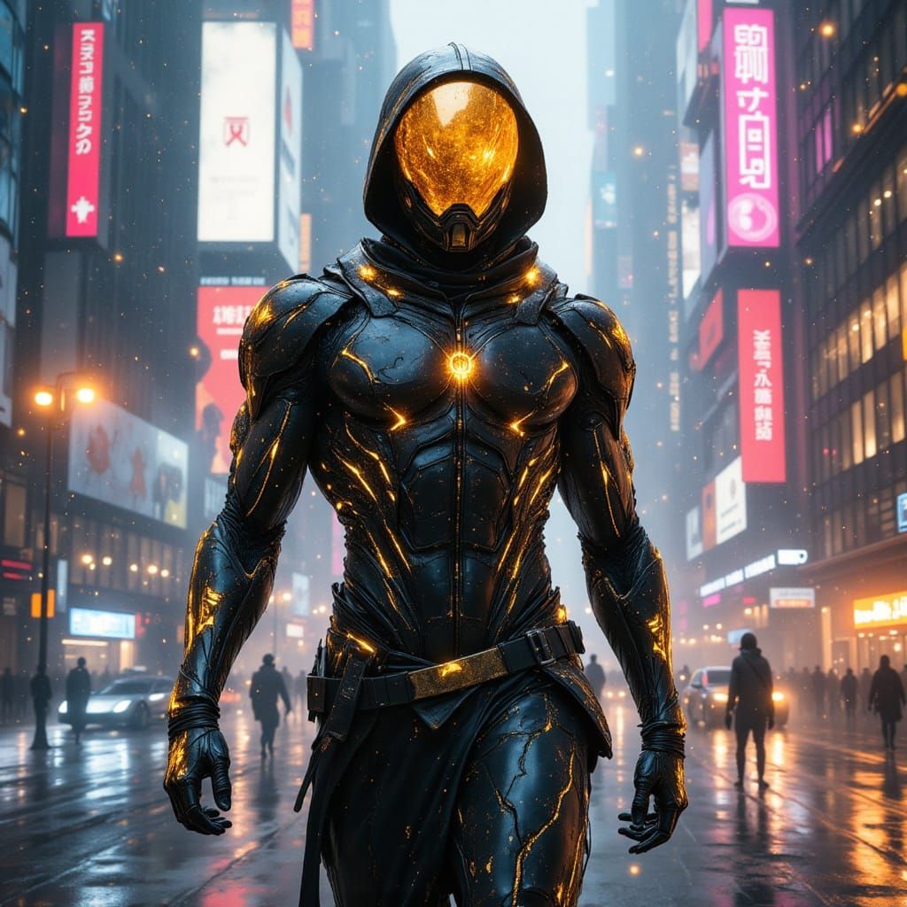 African Space Warrior in Cyberpunk City