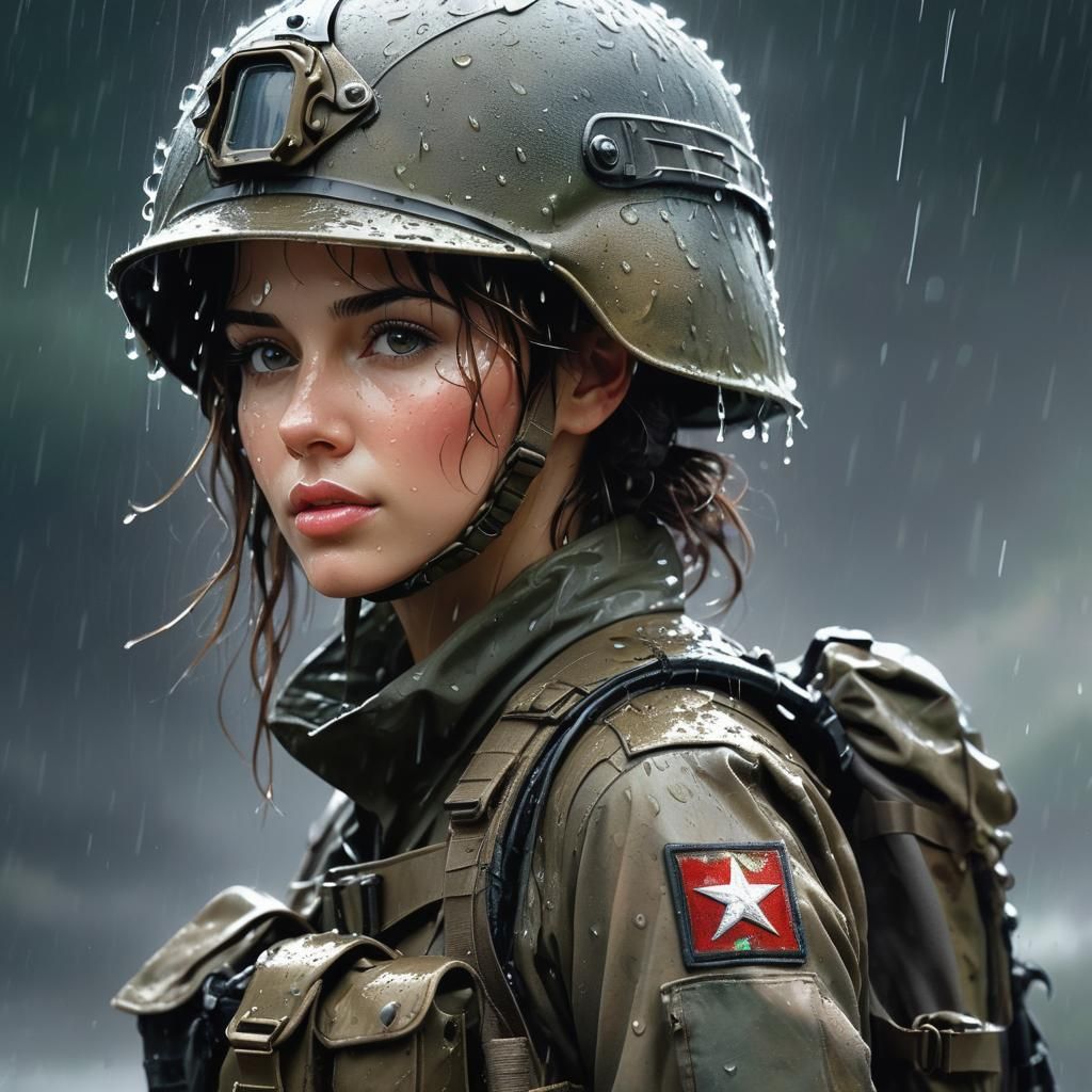 Female Soldier in Rain, Ethereal Mixed Media Art