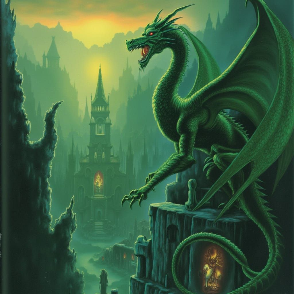 Emerald Dragon Over Misty Gothic Cityscape