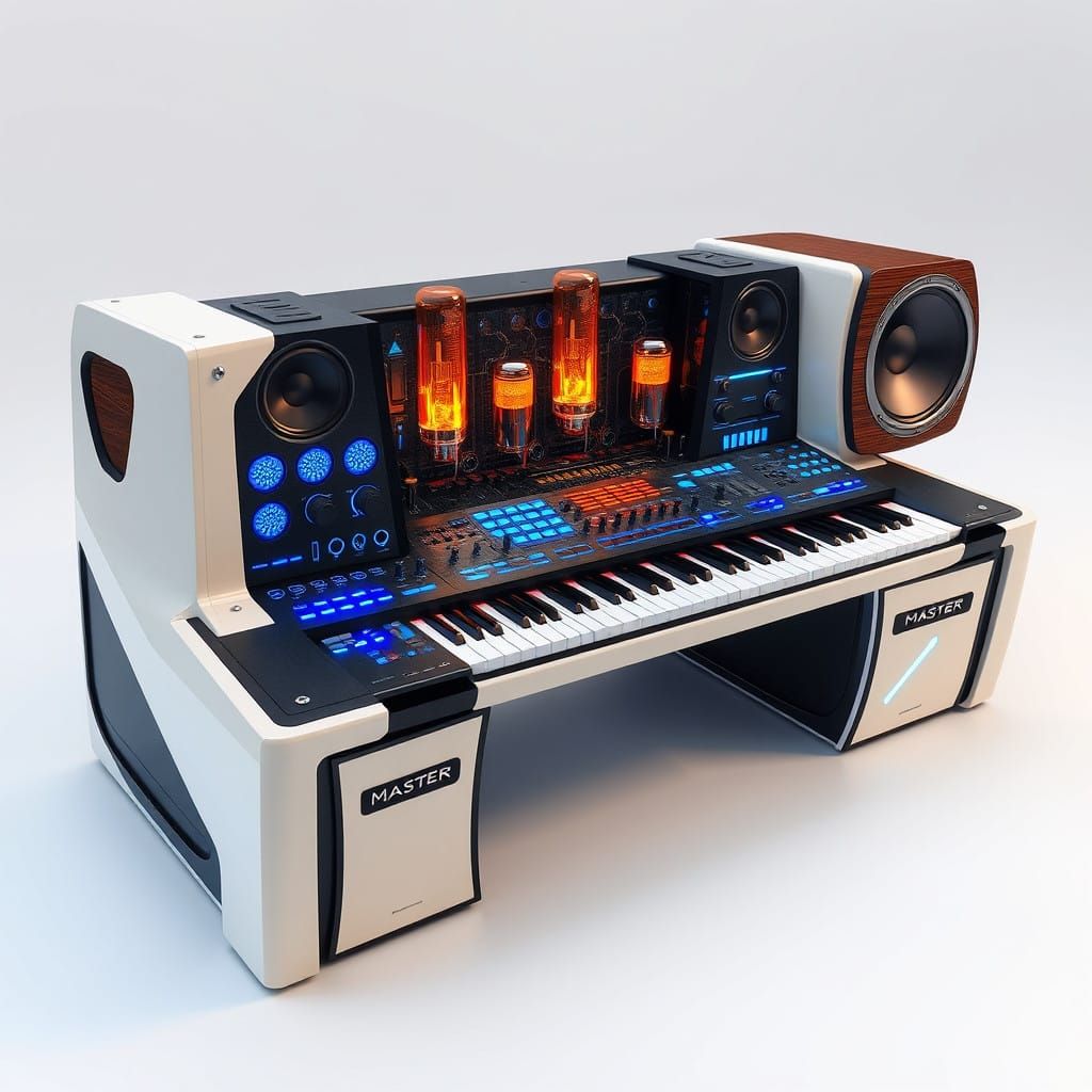 Futuristic Modular Synthesizer in Industrial Cyberpunk Style