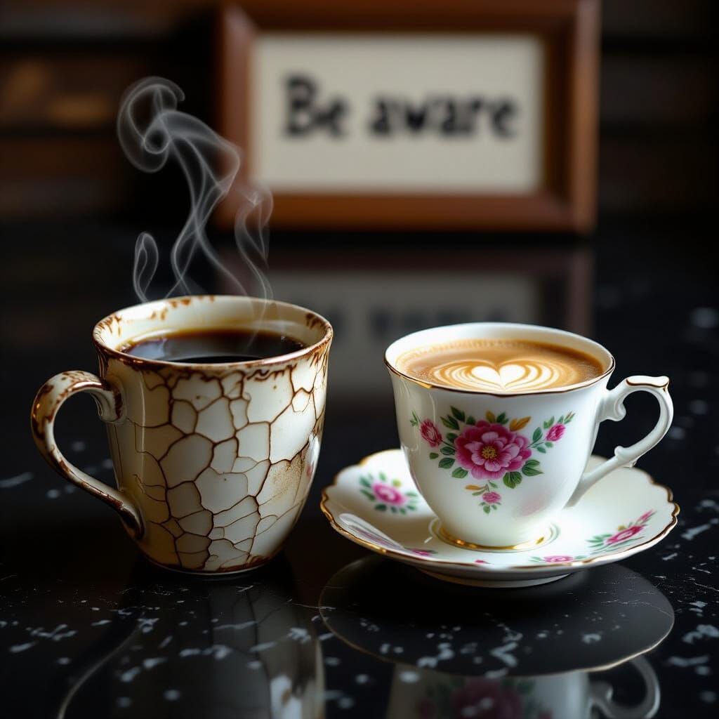 Contrasting Coffee Cups on Table with Chiaroscuro Lighting
