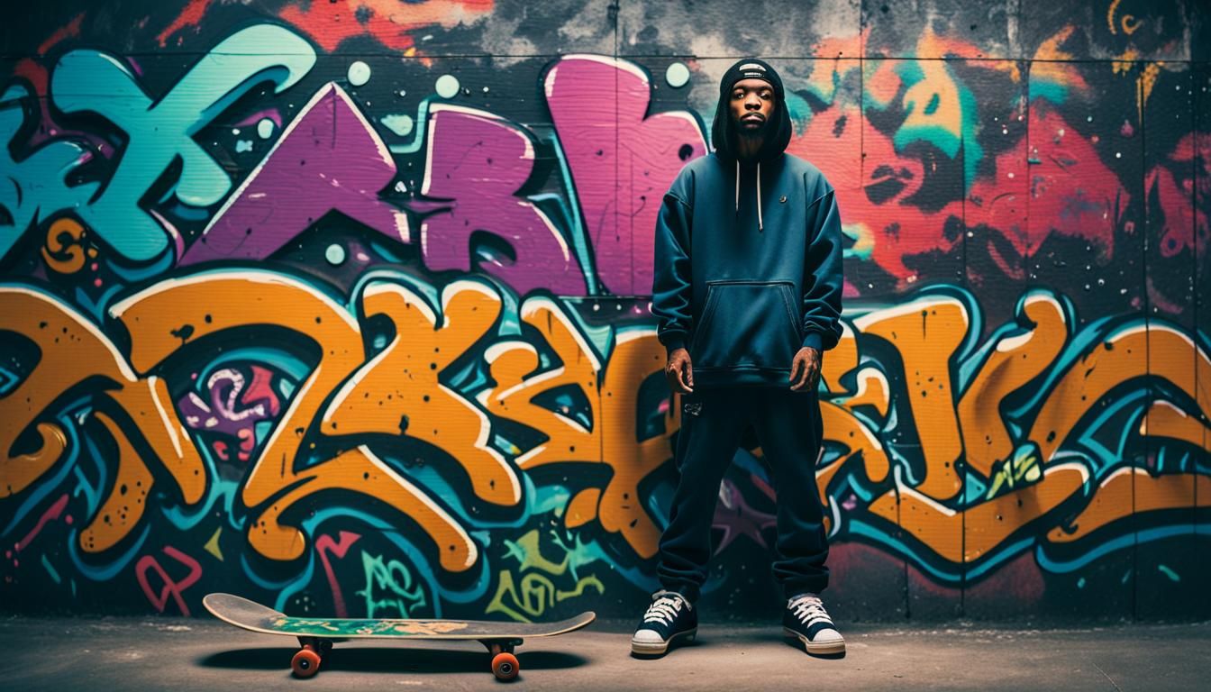 Skateboarder in Graffiti Skatepark: Cinematic Film Still