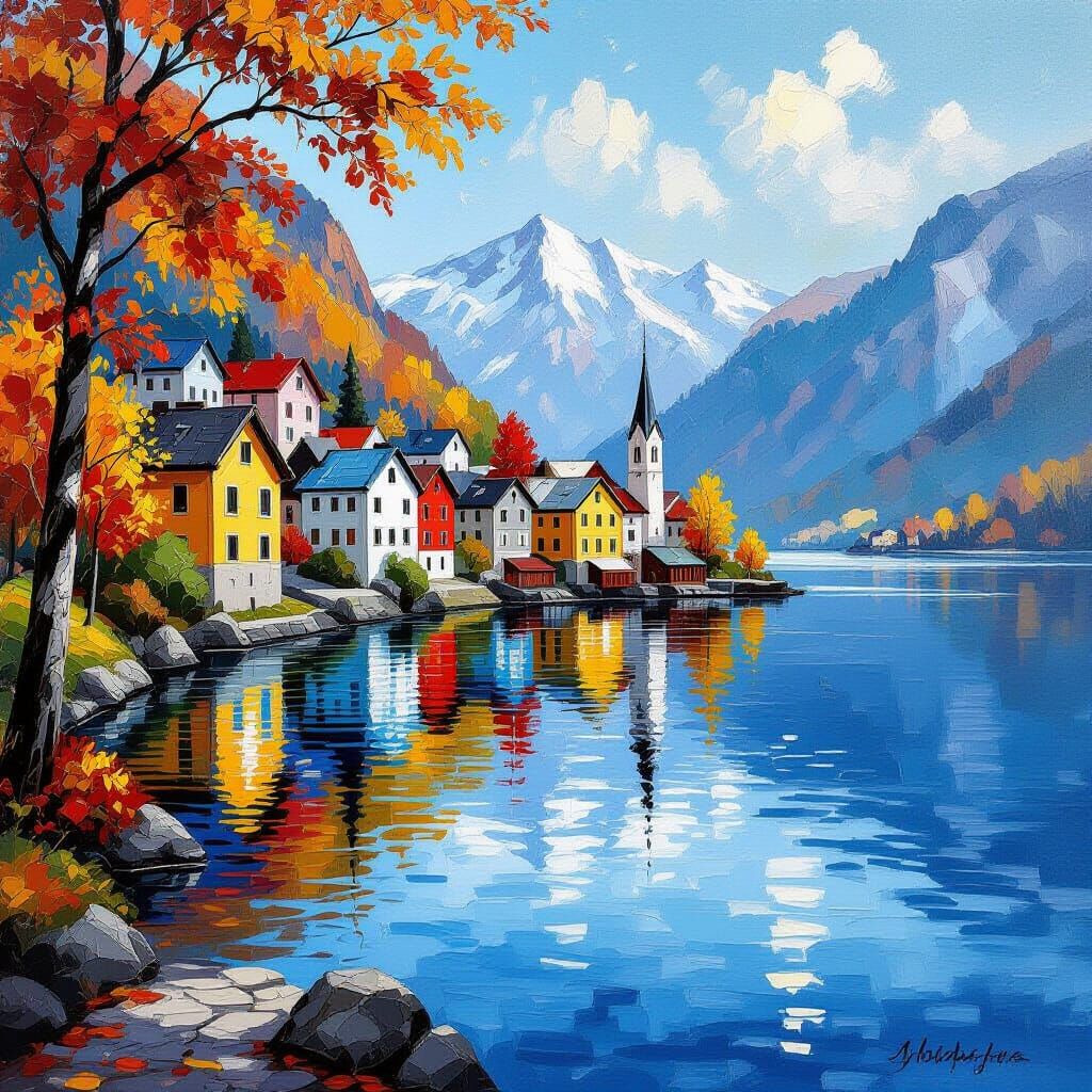 Autumn Mountain Village Lakeside Oil Painting with Vibrant F...