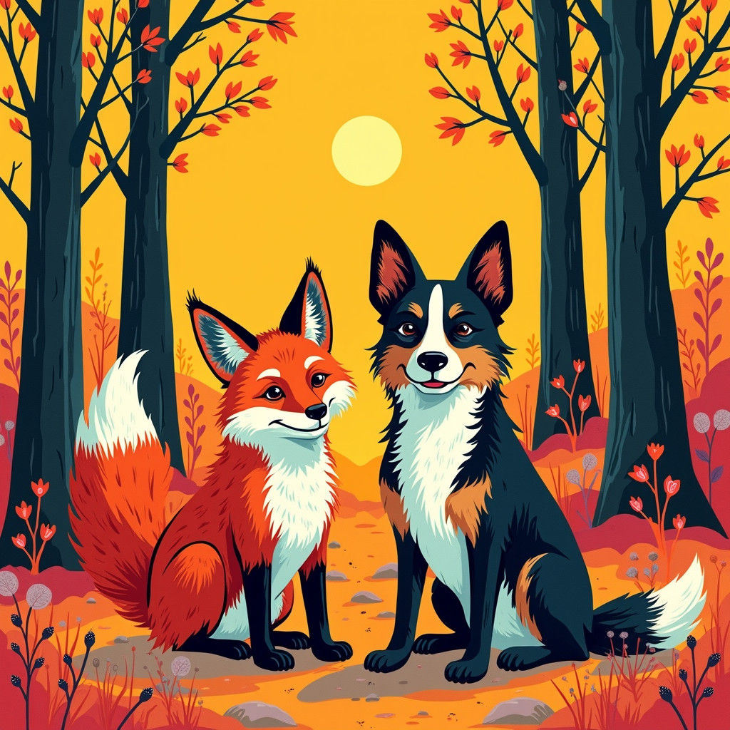 Fox and Hound Portrait in Pop Art Style