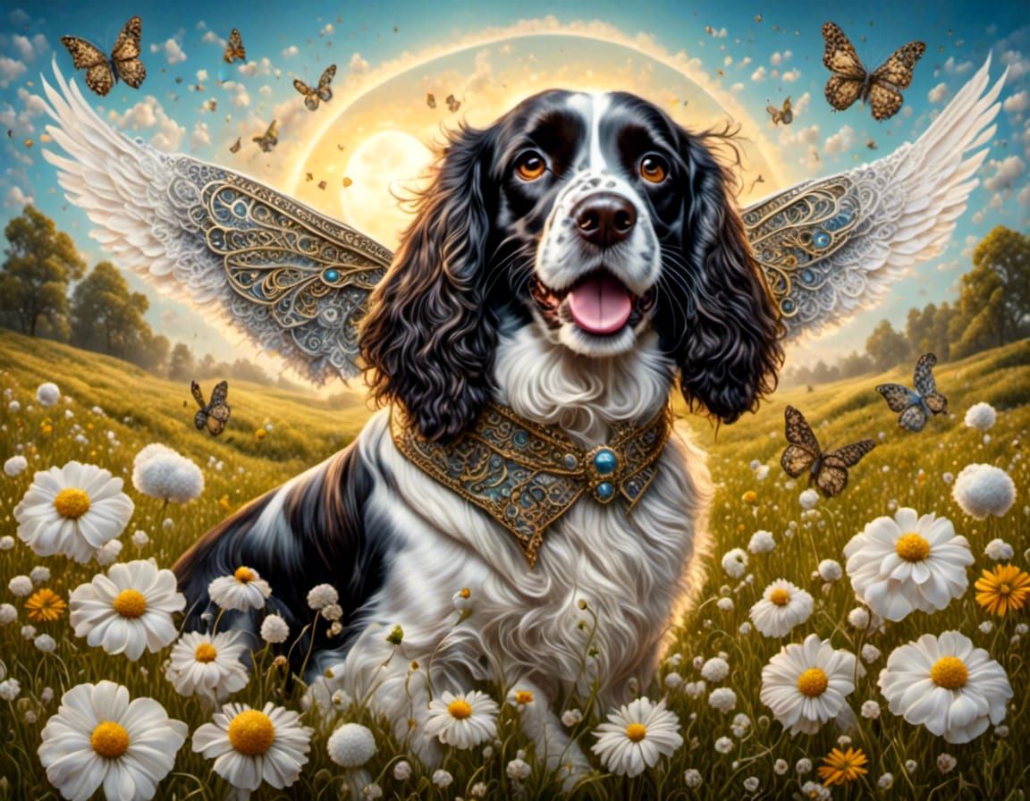 Winged Springer Spaniel Flies Over Meadow: Hyperrealistic Ar...
