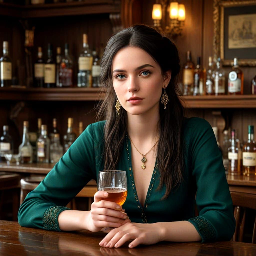 Elegant Irish Woman in a Whiskey-Filled Fantasy Pub