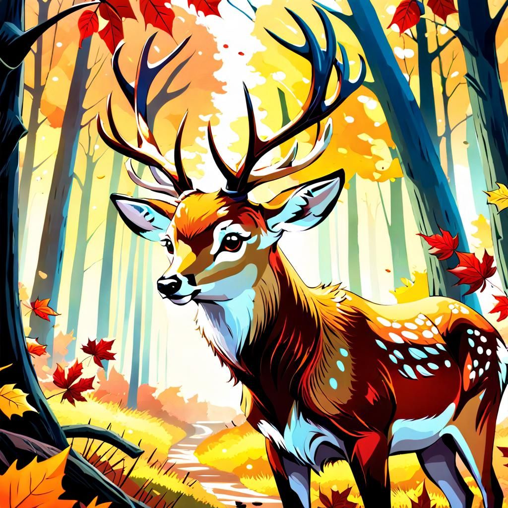 Autumnal Deer in Forest: Watercolor Fantasy