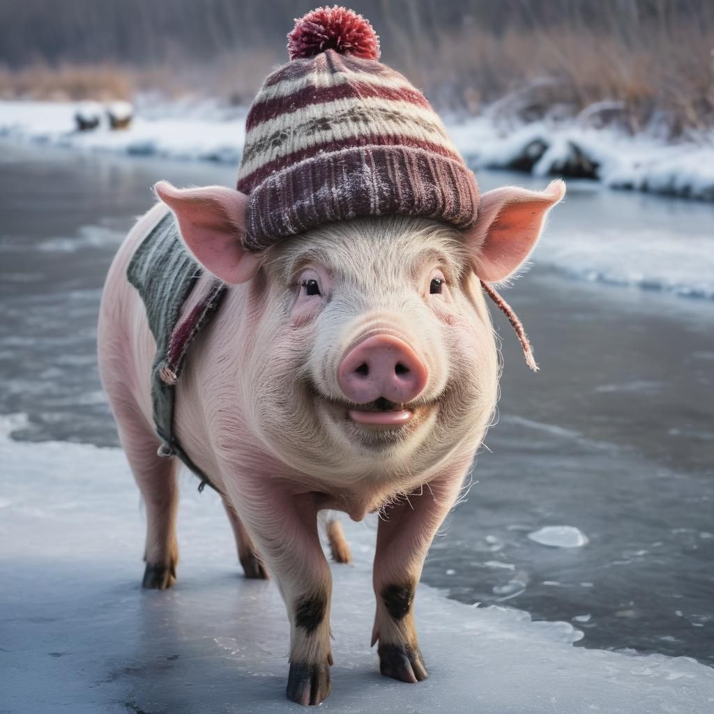 Smiling Pig with Winter Hat on Frozen River