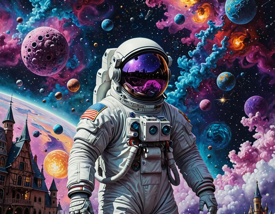 Astronaut in Deep Space, Hieronymus Bosch-Inspired Digital A...