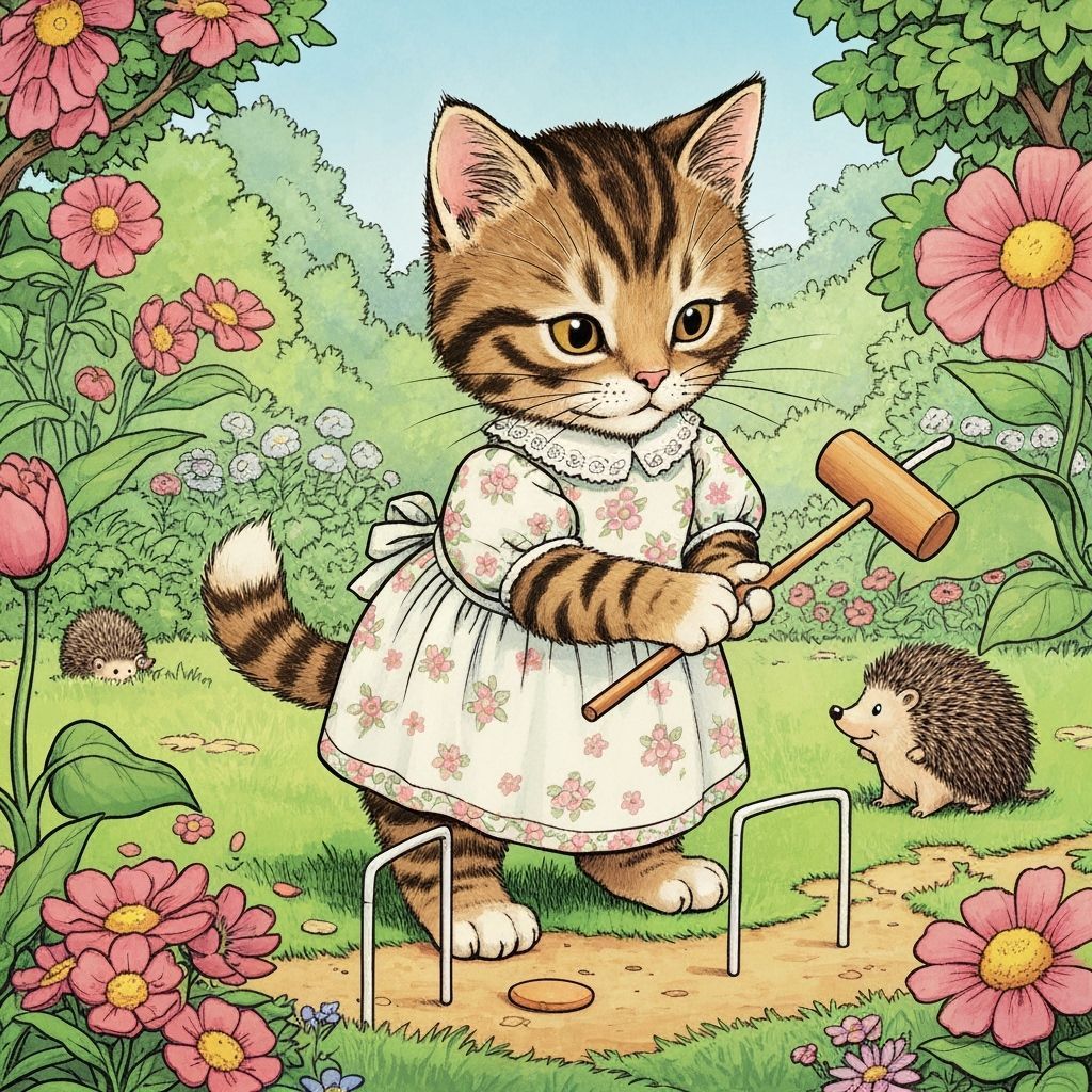 Tabby Kitten Plays Croquet in Garden, Comic Book Art