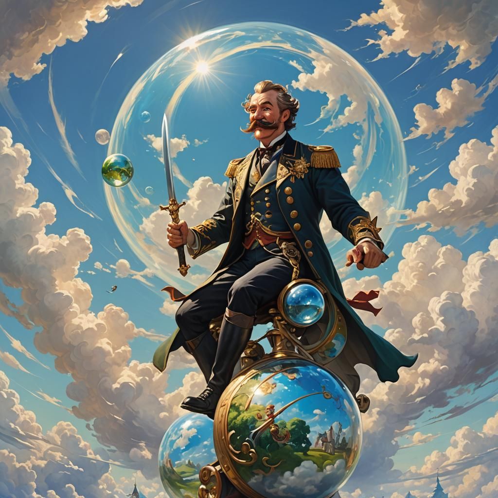 Baron Munchausen Rides Sphere in Hyperrealistic Sky