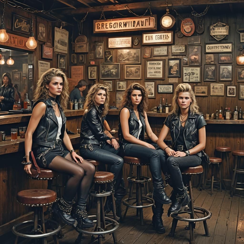 Biker Women Lounging in Dimly Lit Bar