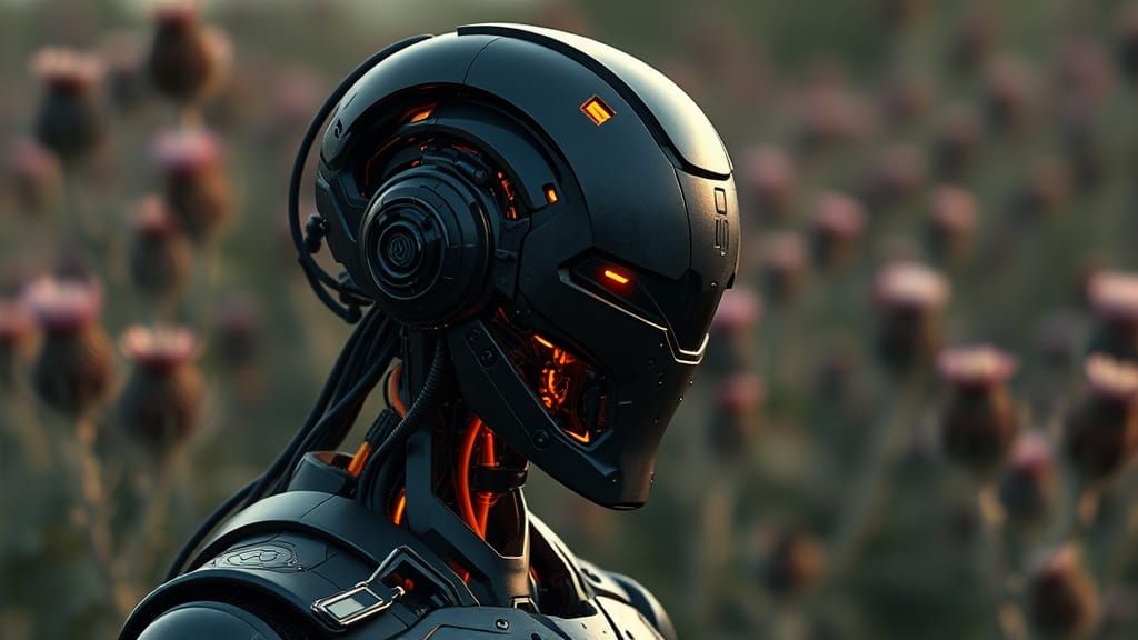 Tactical Sci-Fi Robot in Thistle Field