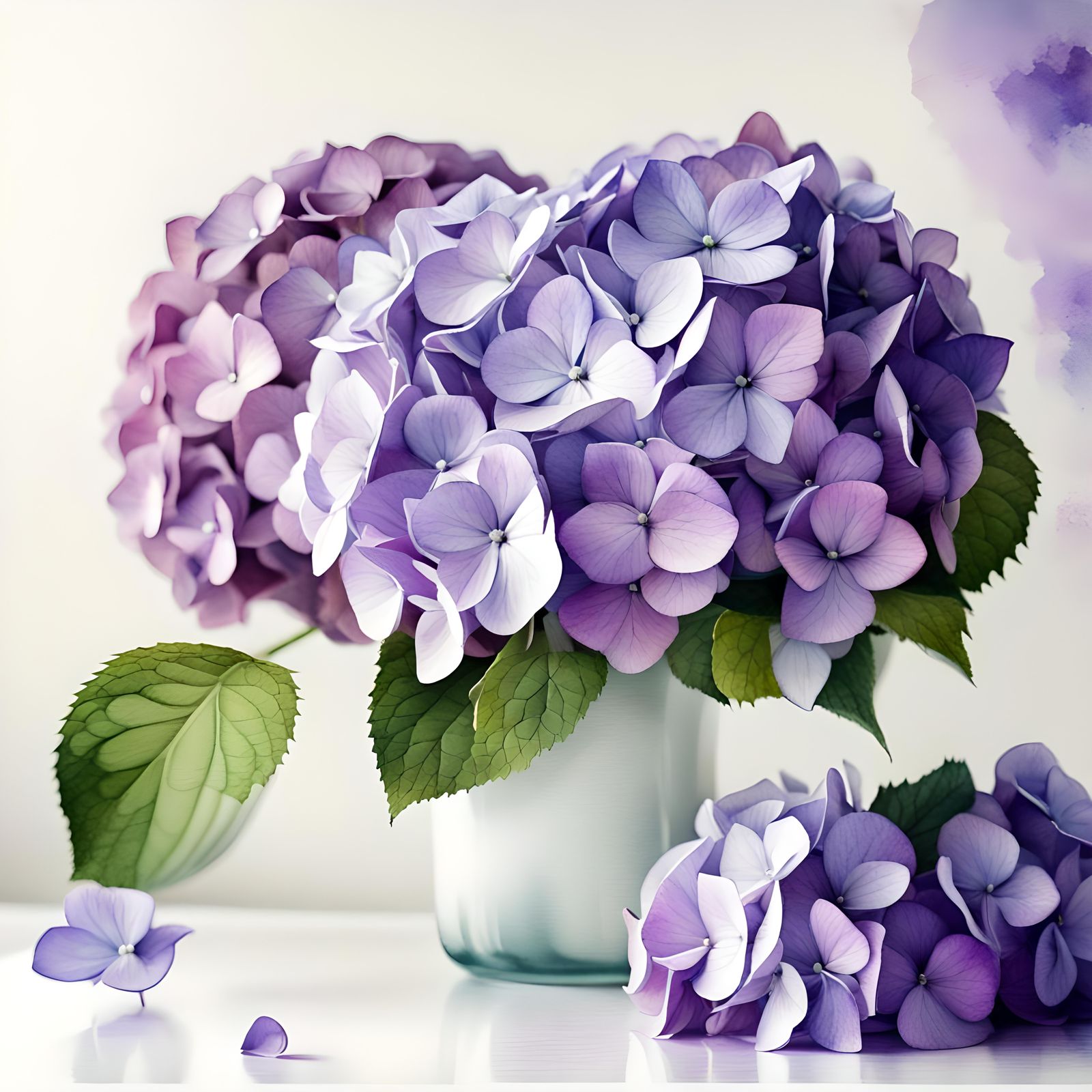 Faded Watercolor Purple Hydrangeas on White Table