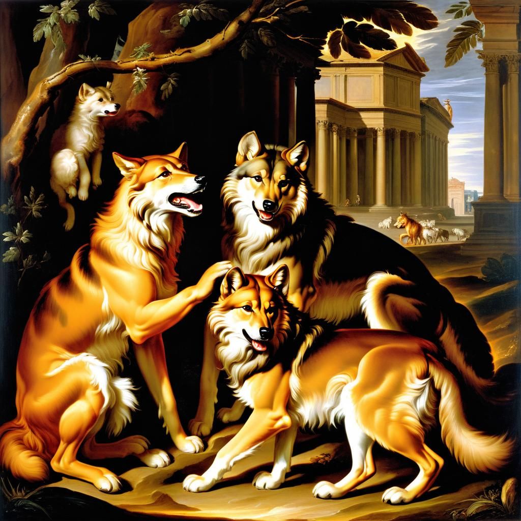 the twins, Romulus and Remus, founders of Rome, suckled by the she-wolf. Artistic painting, masterpiece, in the pictoria...