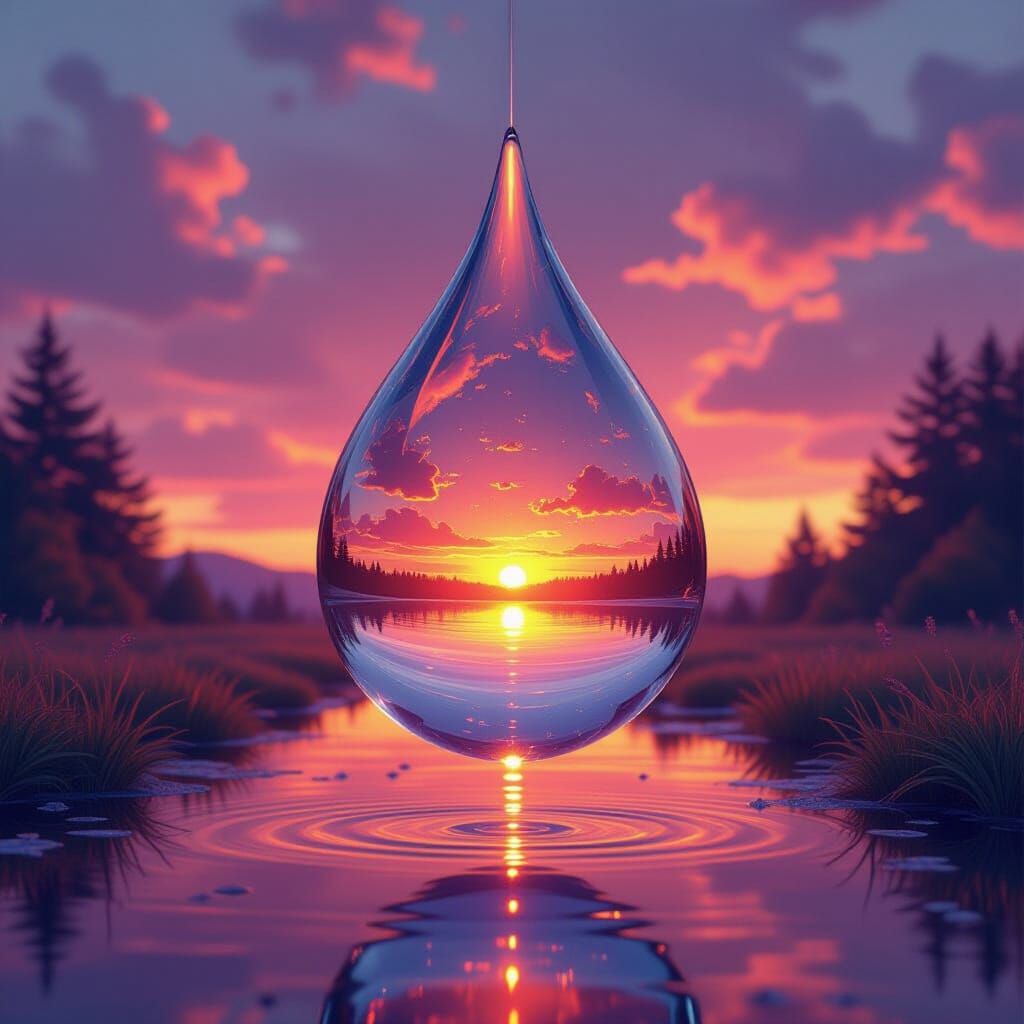 Glass Raindrop Encapsulating a Sunset