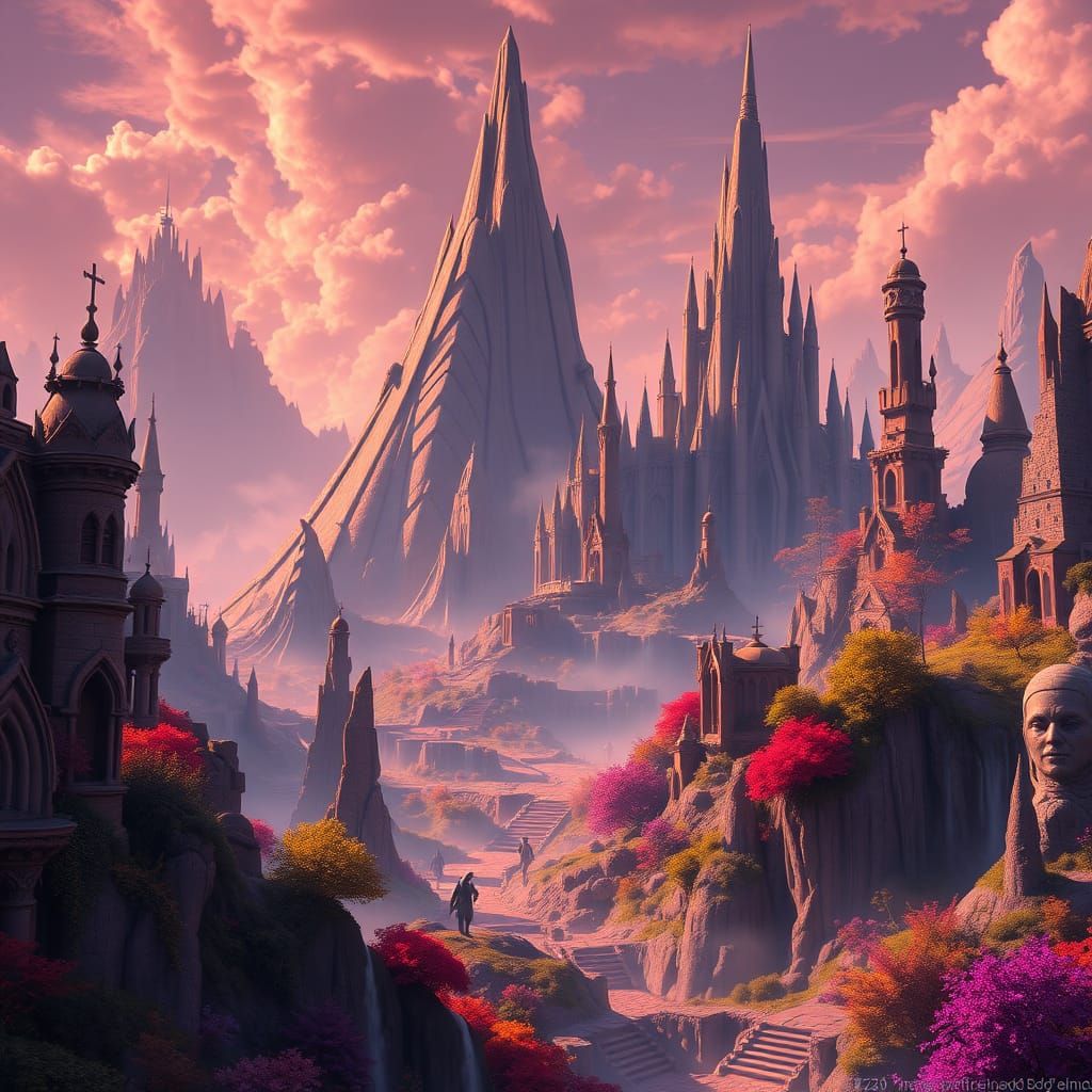 Surreal Fantasy Landscape with Intricate Architecture