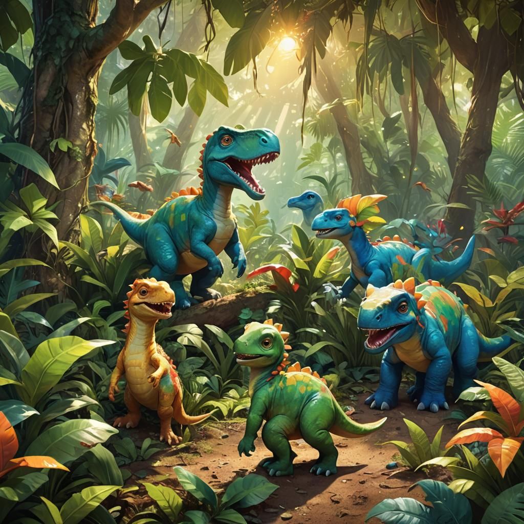 Baby Dinosaur and Prehistoric Kids in Jungle