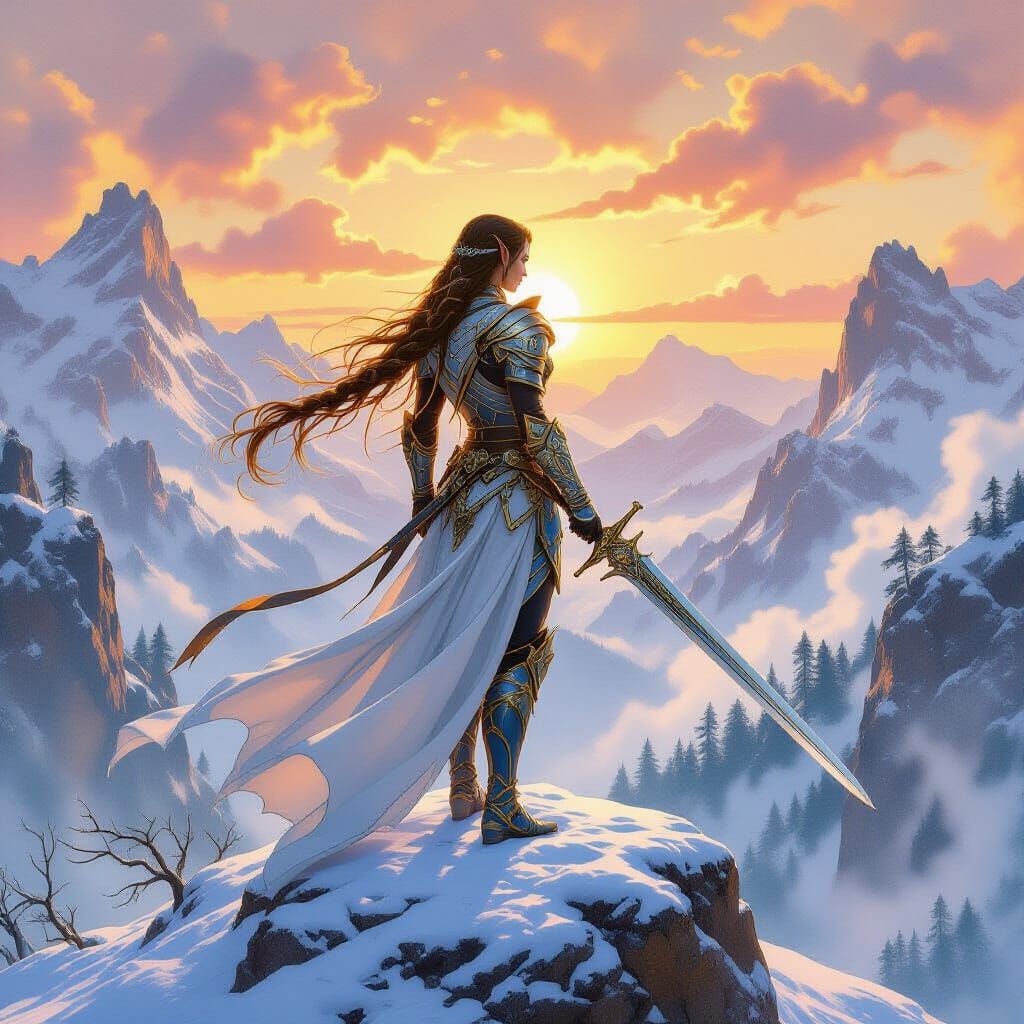Elven Warrior on Mountain in Watercolor Style