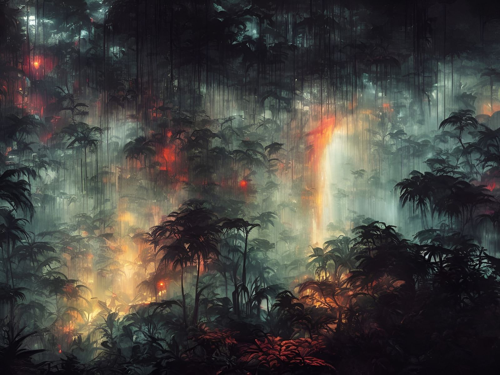Tropical Forest Thunderstorm at Night in Digital Art