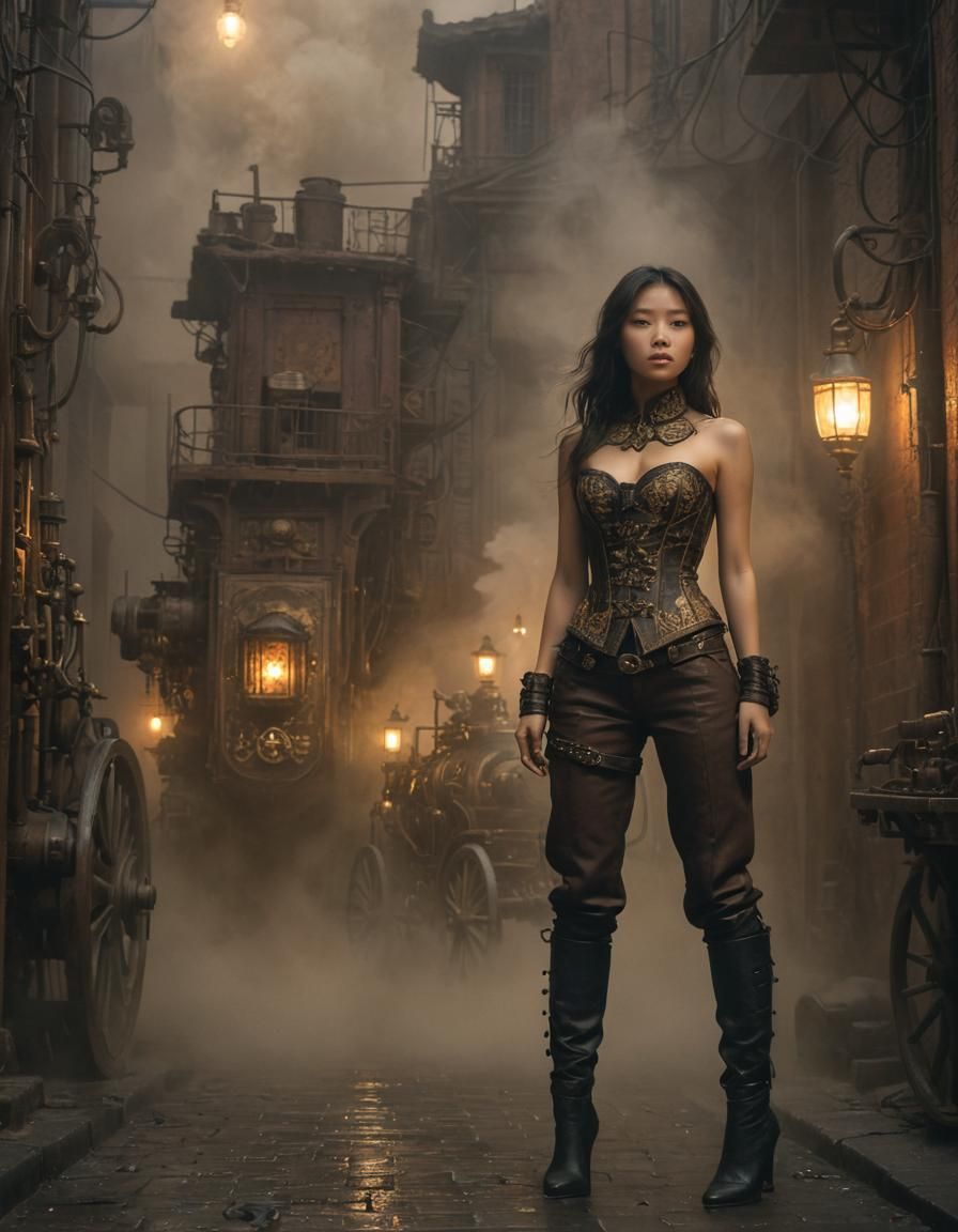 Steampunk Sci-Fi Vietnamese Woman in Misty Alleyway