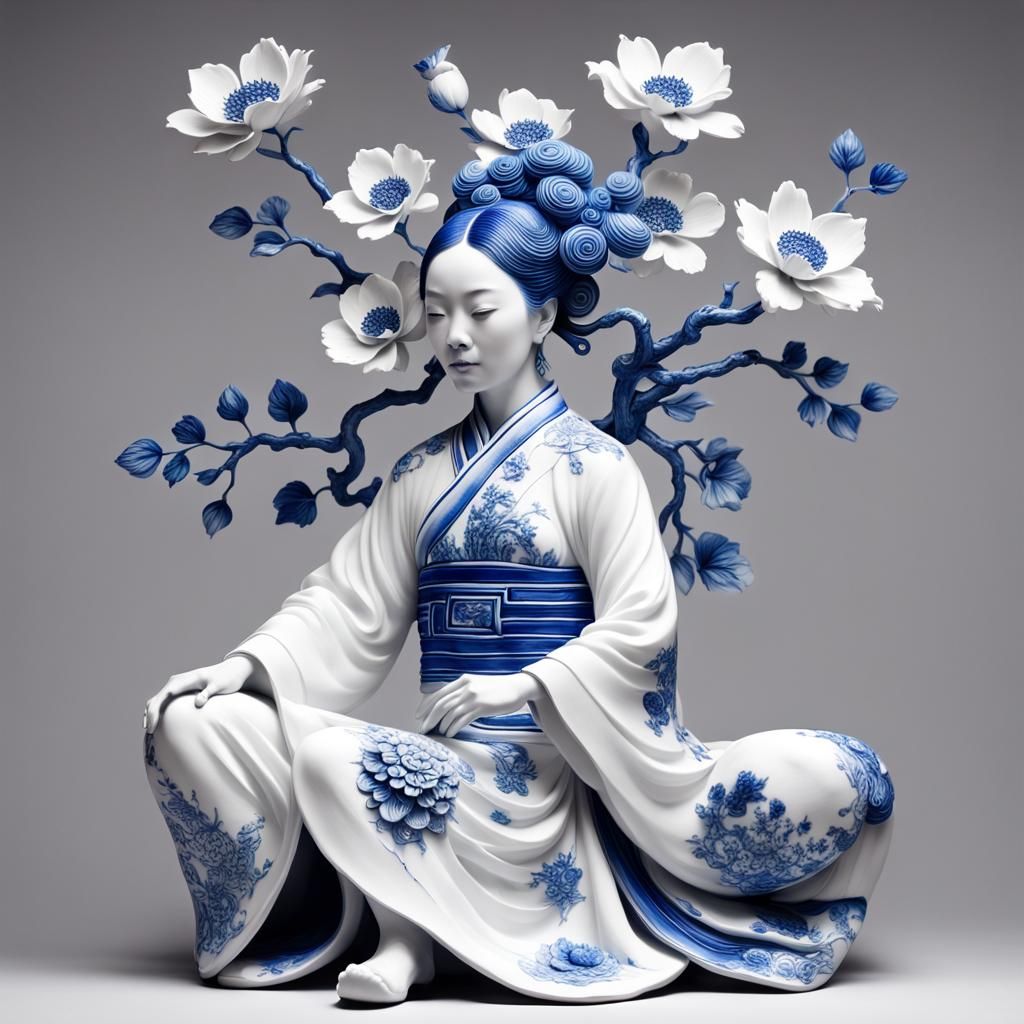 Surreal Ceramic Flower Woman with Blue Ink