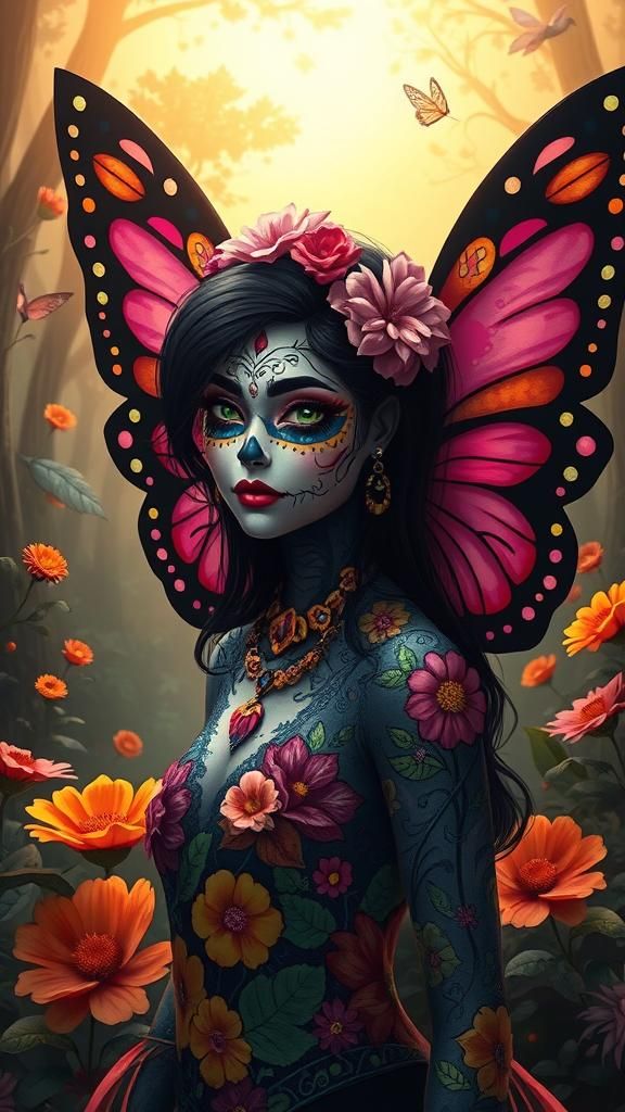 Medium shot of a beautiful woman wearing colorful Día de los...