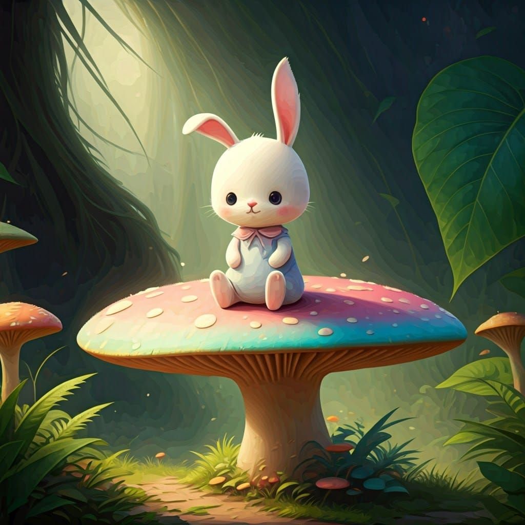 Kawaii Bunny on Mushroom, Fantasy Concept Art
