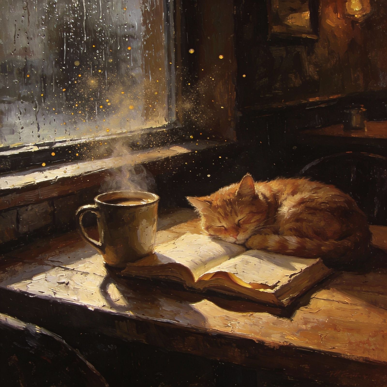 Cozy Café Scene with Cat and Coffee, Painterly Style
