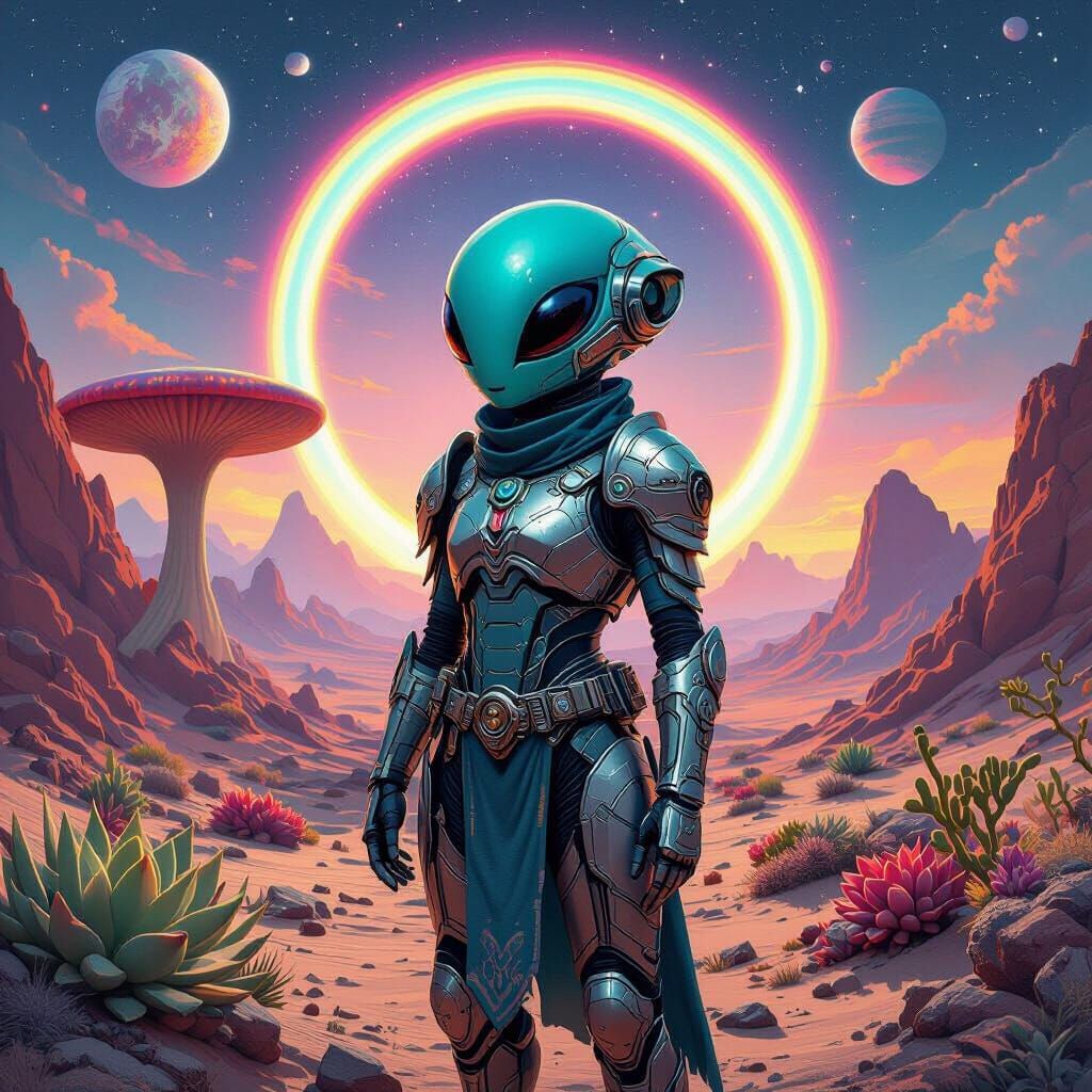Hyperrealistic Teal Alien on Alien Planet