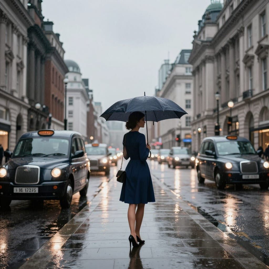 Woman With Umbrella in London Rain