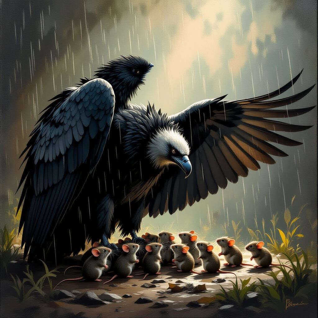 Vulture Sheltering Mice from Rain in Baroque Style