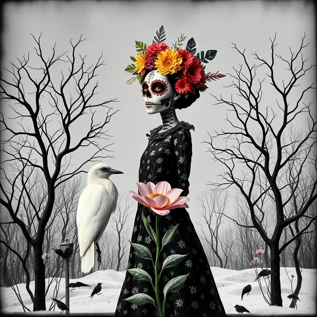 La Catrina in a Surrealist Photogram Dreamscape