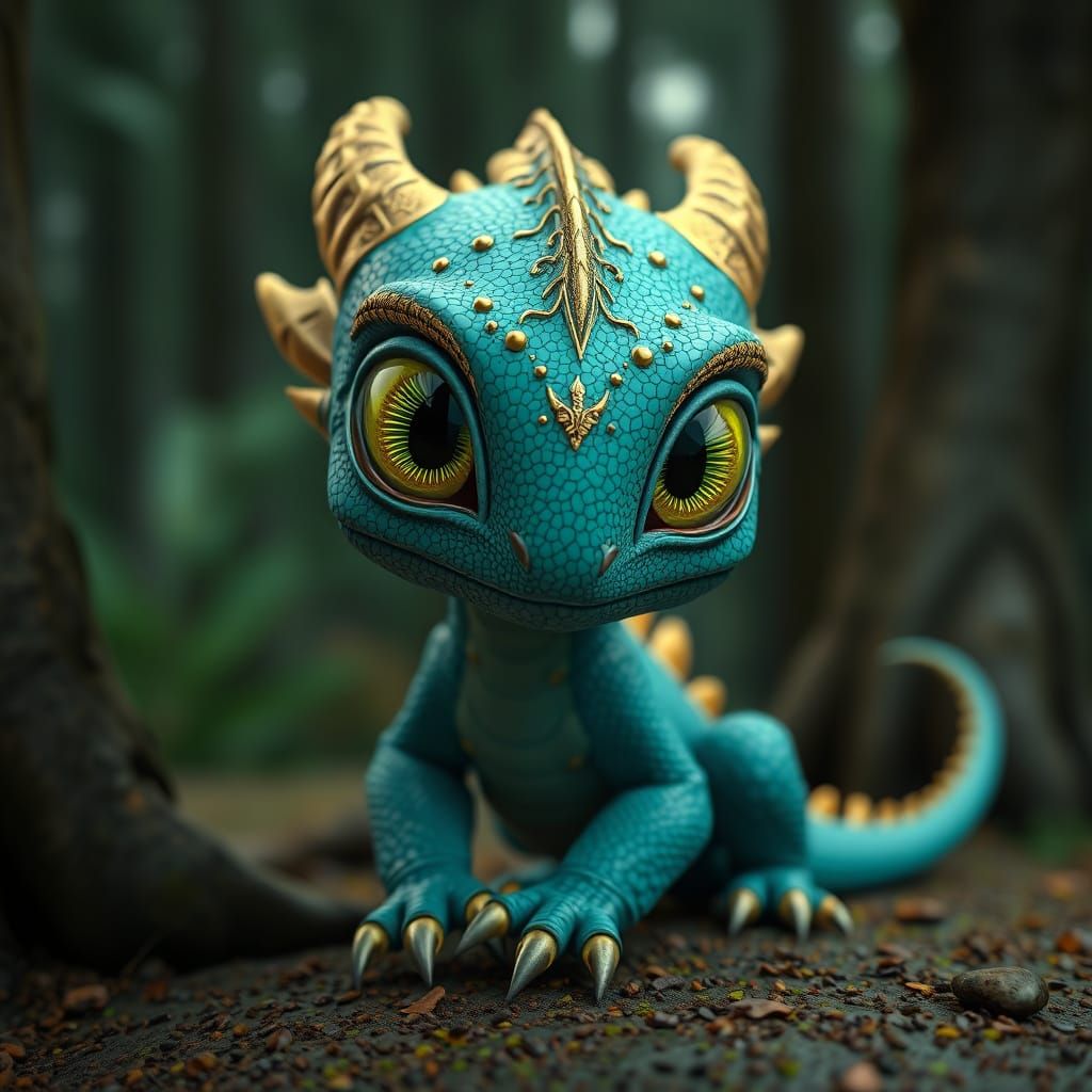 Whimsical Baby Dragon in Teal and Gold