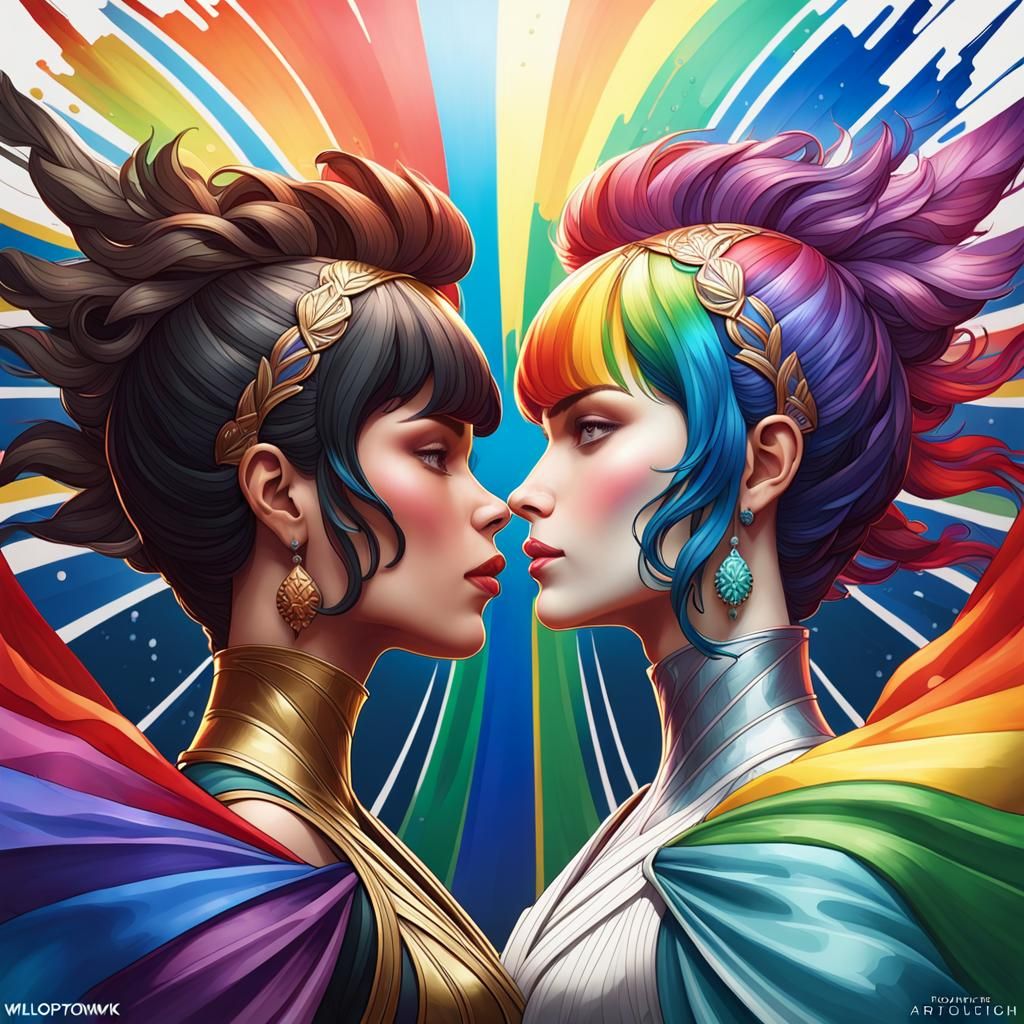 Alcohol Ink Portrait: Women Kissing with Rainbow Flag