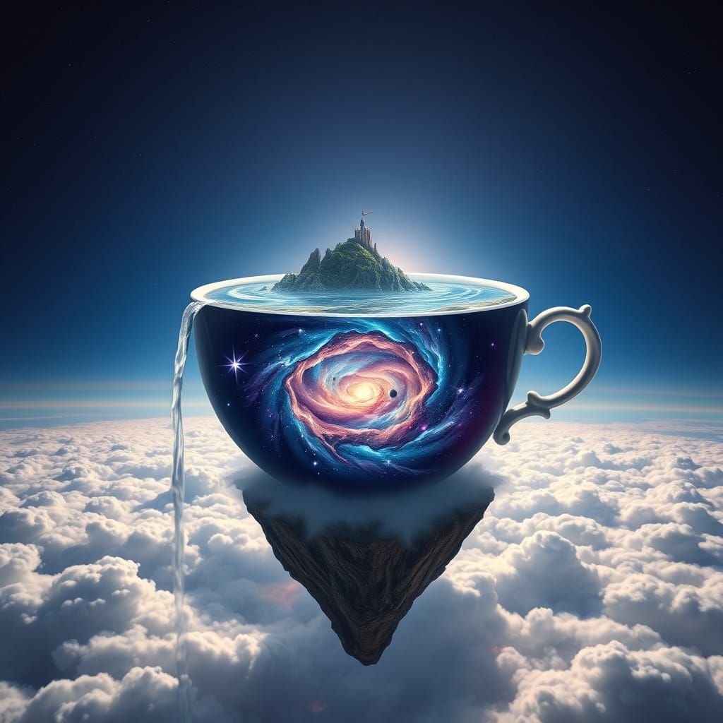 Floating Teacup Island with Galaxy Liquid and Cloud Sea