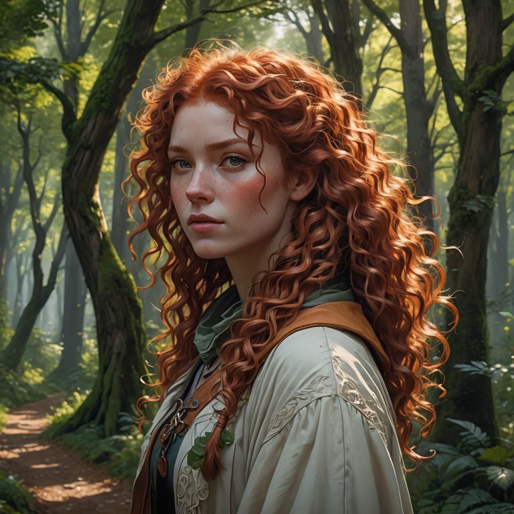 Redhead Girl Portrait in Forest, Detailed Art Nouveau Style