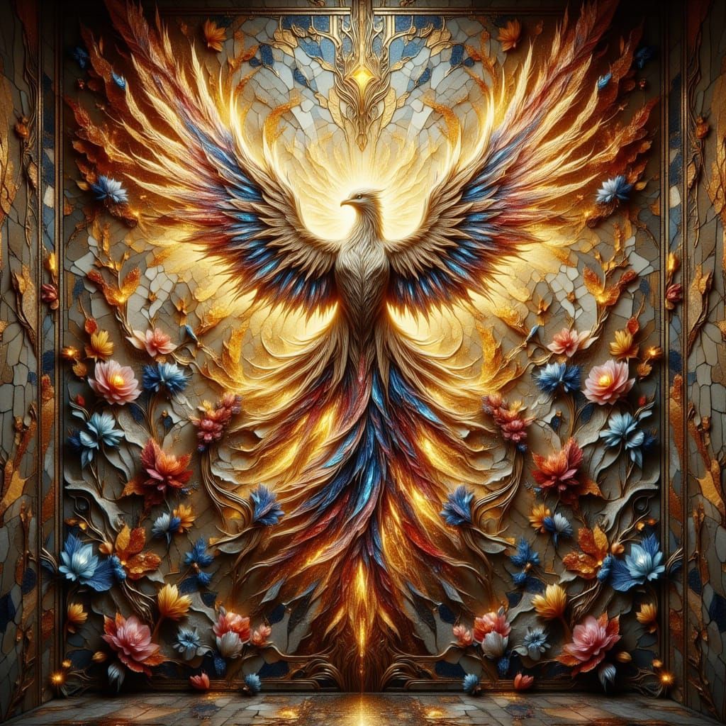 Magnificent Phoenix Floor Mosaic in Gold and Sepia