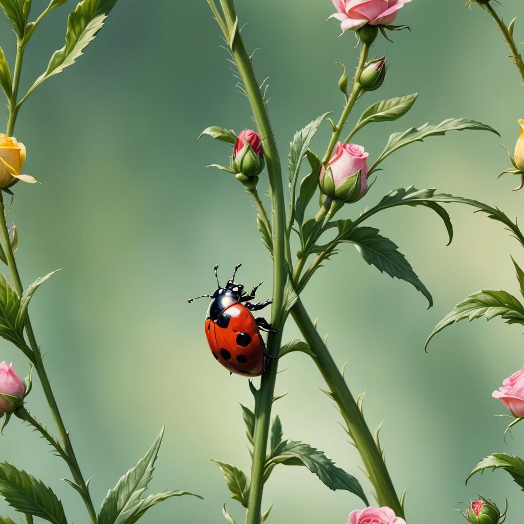 Macro Ladybug Climbing Grass Blade in Hyperrealism